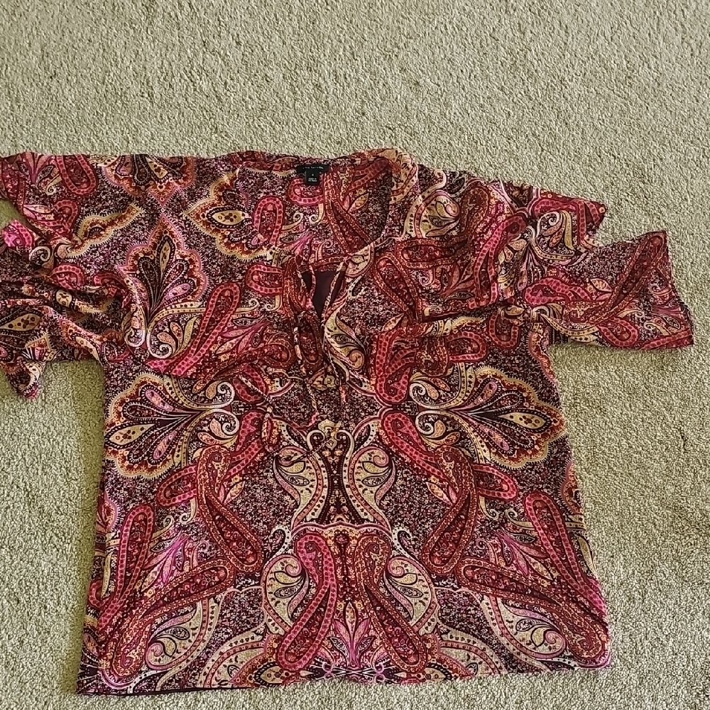 Ann Taylor Pink and Red Graphic Blouse with Mandarin Collar